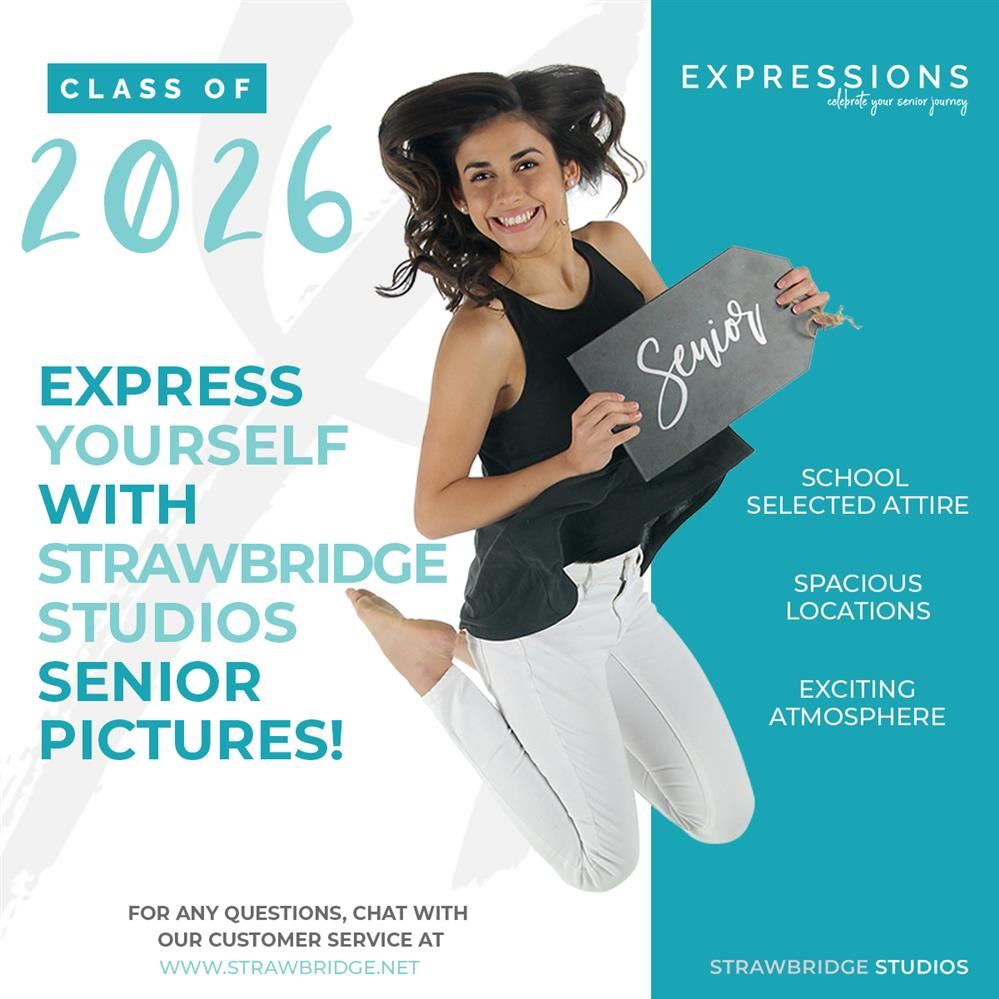  A person jumping in the air holding a "Senior" sign with promotional text for Strawbridge Studios s